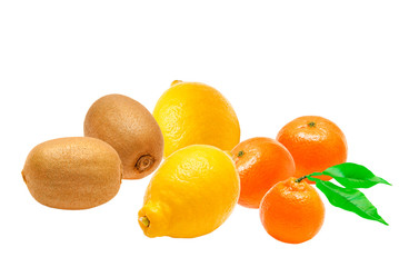kiwi, lemon and mandarin  isolated on white background