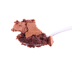 A bite of brownie on a spoon on a white background