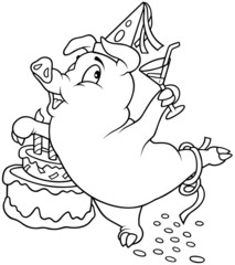 Piglet and Birthday - Black and White Cartoon illustration