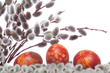 Three easter eggs with pussy willow