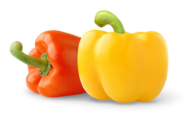 Isolated peppers. Two bell peppers of yellow and orange color isolated on white background