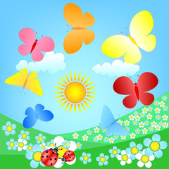 butterflies roundelay over spring flowering meadow