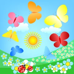 Foto op Plexiglas vlinders roundelay over lente bloeiende weide © DLeonis