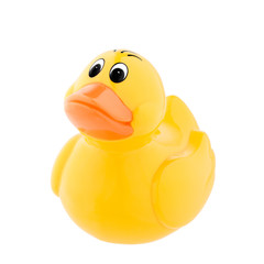 Classic toy, yellow plastic duck, isolated on white.