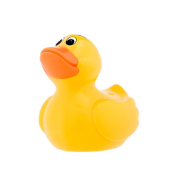 Classic toy, yellow plastic duck, isolated on white.
