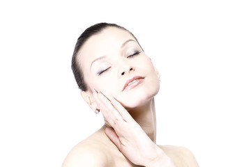 Naklejka premium Portrait of young adult woman with health skin of face