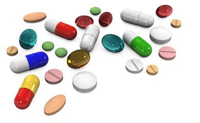 3d different tablets and pills on a white background