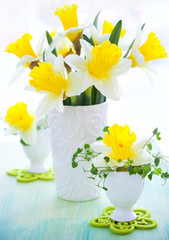 narcissi in vase and eggcups