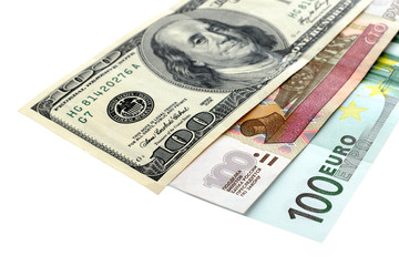 Hundred dollar, euro and ruble banknote