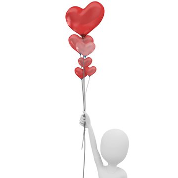 3d man with balloons heart valentine's day