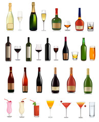 Set of different drinks and cocktails. Vector illustration.