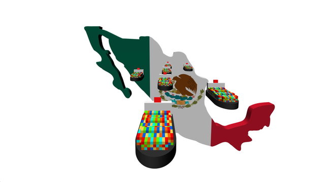 Mexico map flag with fleet of container ships animation