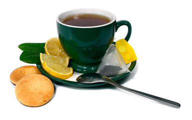 cup of tea with a lemon and biscuit