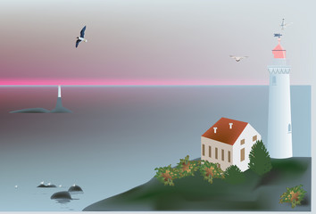 lighthouse near sea at sunset