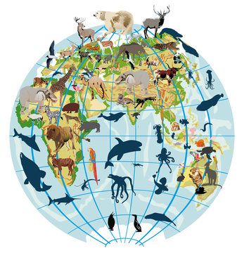earth globe with different animals
