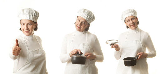 Middle aged woman ready to cook on white background