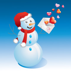 Snowman with a letter and hearts.