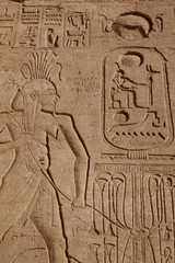 Fototapeta na wymiar Egypt, 18th century graffiti carved on Abu Simbel hieroglyphs