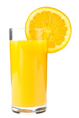 Glass with juice and orange slice isolated on white
