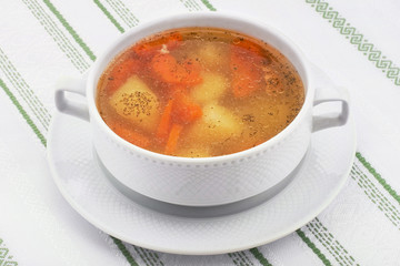 vegetable soup in a white bowl