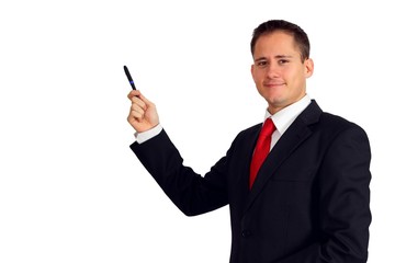 Handsome young man in a suit pointing with a pen