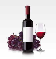 Red wine bottle, glass and grape