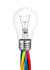 Lightbulb Attached to Colored Cables Isolated on White