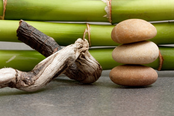 steine treibholz und bambus