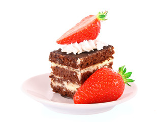 chocolate  cake with cream and  strawberry on white