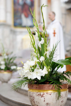 Beautiful flower wedding decoration in a church