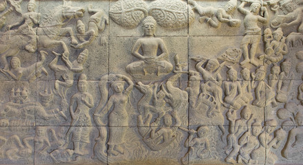 stone wall decorate about  Buddha's biography  in temple