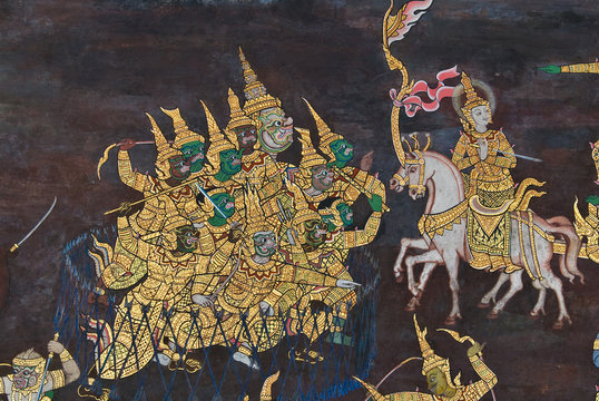 Masterpiece of traditional Thai style painting art  on temple wa