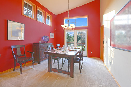 Red dining room with modern design