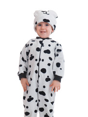 Little boy   dressed in a Dalmatian  suit.
