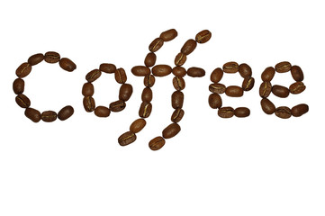 Word of coffee from the natural coffee beans isolated on white.