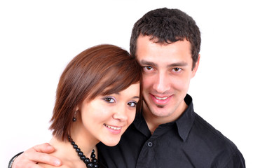 Woman and man posing on a white background