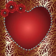 Heart frame with red roses and perls
