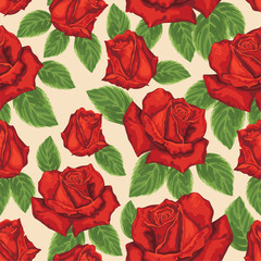 Seamless background with red roses and green leaves
