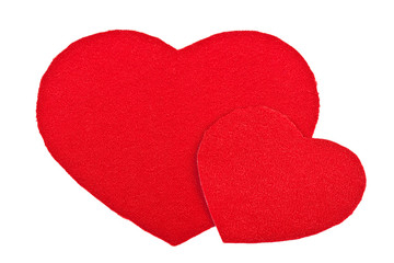 Two red textile hearts isolated