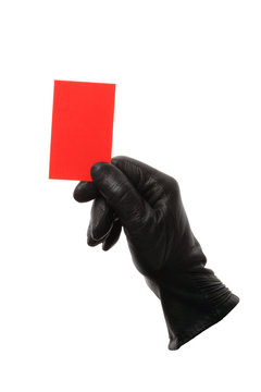 Red card with black leather gloves