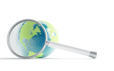 Magnifier and earth sphere on a white background