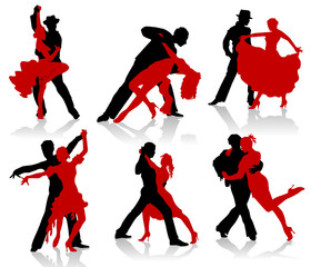Silhouettes of the pairs dancing ballroom dances. Tango, step. - obrazy, fototapety, plakaty