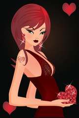 Poker heart card with red hair girl. vector illustration