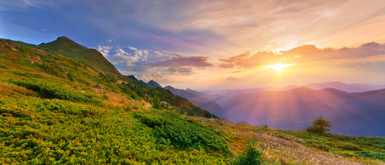 Plakat Letni krajobraz w górach. Zachód słońca