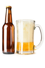 Bottle full of beer and mug with fresh beer and foam