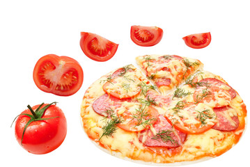 pizza with fresh tomatoes isolated on white background