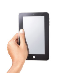 male hand holding a tablet pc