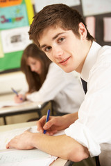 Male Teenage Student Studying In Classroom