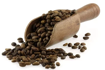 Fotobehang grains de café torréfié dans une cuiller-pelle en bois © Unclesam