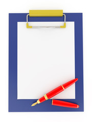Pen on clipboard. Empty sheet of paper